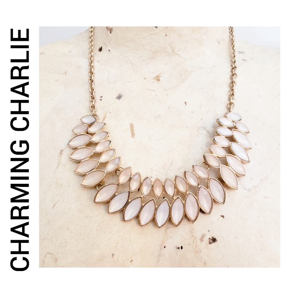 Charming Charlie Bib Statement Marquis Shaped Necklace Pink and Goldtone